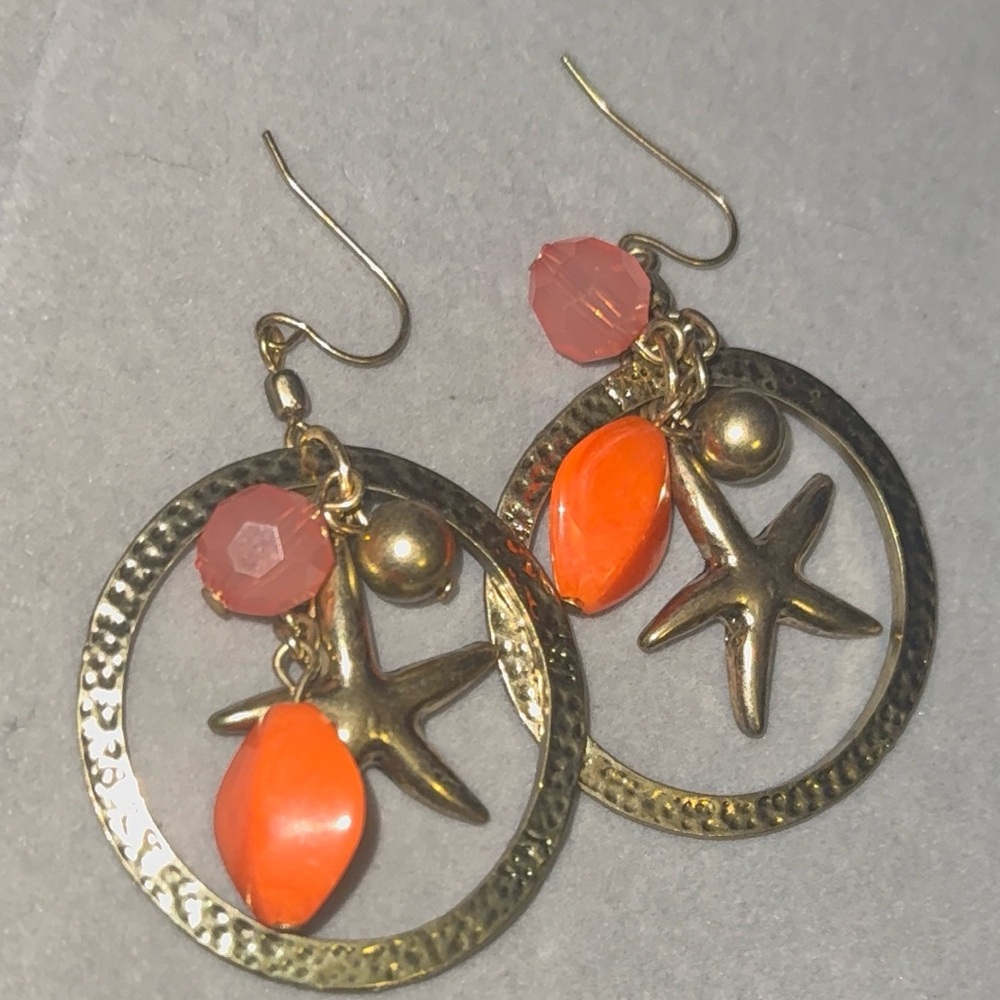 Gold and Orange Starfish Earrings